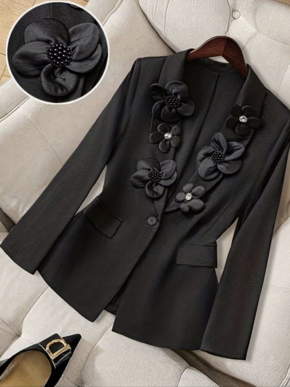 New Black French Style Women'S Blazer with 3D Floral Embellishment Design